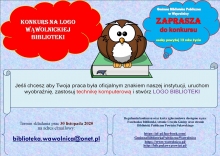 Niebieski prostokąt opisujący warunki uczestnictwa w konkursie na logo wąwolnickiej biblioteki. Na środku obrazek sowy, z prawej strony i lewej na górze chmurki ze szczegółami konkursu. Na dole link do załączników. 