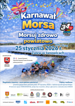 Zdjęcie prezentuje plakat zapraszający na Karnawał Morsa – Morsuj zdrowo powiatowo, który odbędzie się 25 stycznia 2026 r. o godz. 12:00 nad Zalewem w Janowicach.
