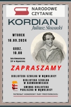  Zdjęcie prezentuje plakat zapraszający na Narodowe Czytanie, które odbędzie się we wtorek, 10.09.2024 r. o godzinie 10:00 w Sali Gimnastycznej Zespołu Szkolno – Przedszkolnego w Wąwolnicy.