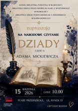 Zdjęcie prezentuj plakat zapraszający na Narodowe Czytanie, które odbędzie się 15 września 2026 r. o godzinie 10:00 w Starym przedszkolu, ul. Rynek 35. Na plakacie wszystkie informacje oraz otwarta książka obok której stoi świeca i kałamarz z piórem. 