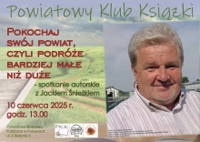 Zdjęcie pokazuje plakat zapraszający na spotkanie Powiatowego Klubu Książki, , które odbędzie się 10 czerwca 2025 r. o godz. 13.00 w Powiatowej Biblioteki Publicznej w Puławach (ul. 6 Sierpnia 5).