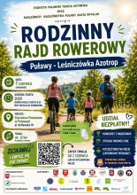 Zdjęcie przedstawia plakat zapraszający na Rodzinny Rajd Rowerowy: Puławy - Leśniczówka Azotrop, który odbędzie się 7 czerwca 2026 r. o godzinie 9:00. Miejsce zbiórki: Starostwo Powiatowe w Puławach (al. Królewska 19).