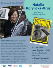 Zdjęcie prezentuje plakat zapraszający na spotkanie z Natalią Koryncką-Gruz, które odbędzie się 23 października 2025 r. (czwartek) o godz. 17.00 w Gminnej Bibliotece Publicznej w Górze Puławskiej.