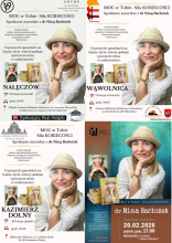 Zdjęcie prezentuje plakat zapraszający na spotkania z dr Niną Barłożek pt. „Moc w Tobie – siła kobiecości”, które odbędzie się: 19 lutego 2026 godz. 16.00 w Miejsko-Gminnej Bibliotece Publicznej w Nałęczowie. 19 lutego 2026 godz. 18.00 w Gminnej Bibliotece Publicznej w Wąwolnicy. 20 lutego 2026 godz. 10.00 w Bibliotece Publicznej w Kazimierzu Dolnym. 20 lutego 2026 godz. 17.00 w Mediatece - Bibliotece Miejskiej w Puławach.