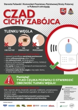Zdjęcie prezentuje plakat zapraszający na spotkanie informacyjne z włodarzami gmin, sołtysami i przedstawicielami OSP, które odbędzie się 20 listopada 2025 r. (czwartek) o godz. 16:00 w Sali Pompejańskiej Starostwa Powiatowego w Puławach, al. Królewska 19 w ramach akcji społecznej „Czad – cichy zabójca”.