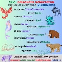 Zdjęcie przedstawia plakat zapraszający na warsztaty literacko-plastyczne w wąwolnickiej bibliotece, które odbywać się będą w ostatni czwartek każdego miesiąca w godzinach od 14 do 16.   