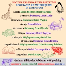 Zdjęcie prezentuje plakat promujący warsztaty czytelniczo - plastyczne dla dzieci w wąwolnickiej bibliotece. Na plakacie przeczytać można daty kolejnych spotkań i temat warsztatów. 