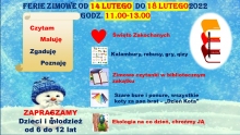 Zdjęcie prezentuje plakat zapraszający na ferie w Gminnej Bibliotece Publicznej w Wąwolnicy.