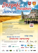 Zdjęcie prezentuje zaproszenie na Dożynki Powiatowe, które odbędą się 27 sierpnia od godz. 11:30 w Parku przy Zamku w Janowcu.